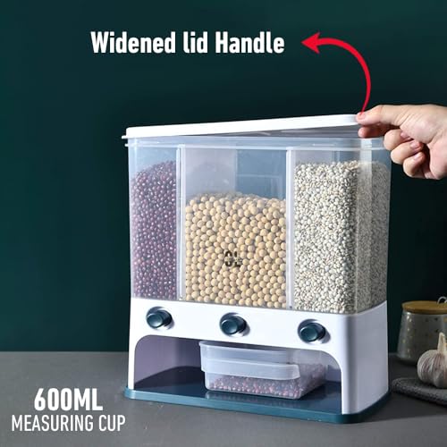 Image of 6000 ML 3-Grid Rotating Food Dispenser | Wall Mounted Airtight Grain Storage Container | One-Click Push Button Easy Flow Rice, Pulses & Cereal Dispenser | Transparent Kitchen Organizer