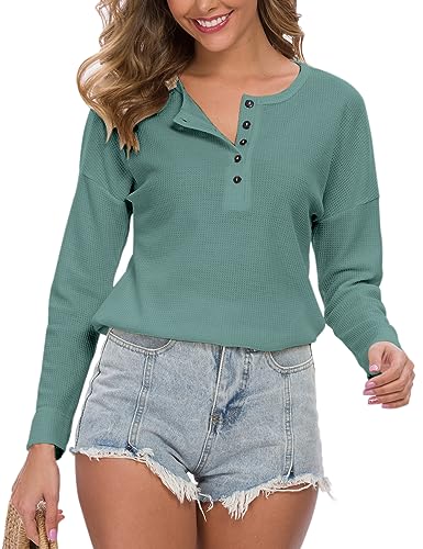 Image of MOLERANI Womens Long Sleeve Waffle Knit Henley Shirts Tunic Tops