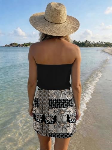 Image of SAUKOLE Summer Dress for Women Strapless Beach Cover Ups Boho Sundress Mini Dress Drawstring Waist with Pockets