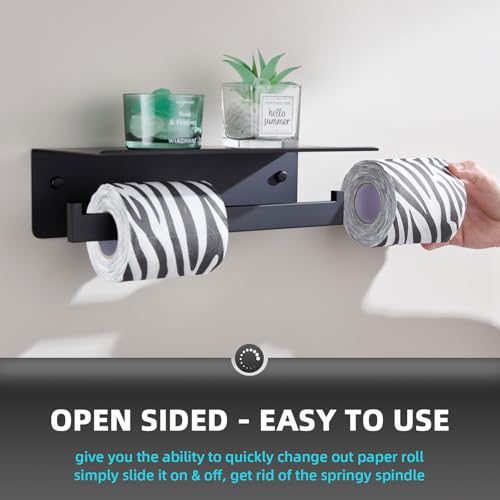 Image of Angle Simple Matte Black Toilet Paper Holder with Shelf, Tissue Roll Holder