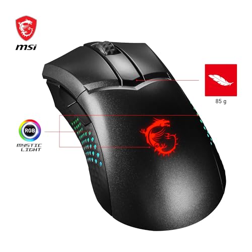 MSI CLUTCH GM51 LIGHTWEIGHT WIRELESS - Mouse Gaming, Sensore PixArt PAW-3395, Peso 85g, 1000 Hz, Design ergonomico, Batteria da 550 mAH - Immagine 1