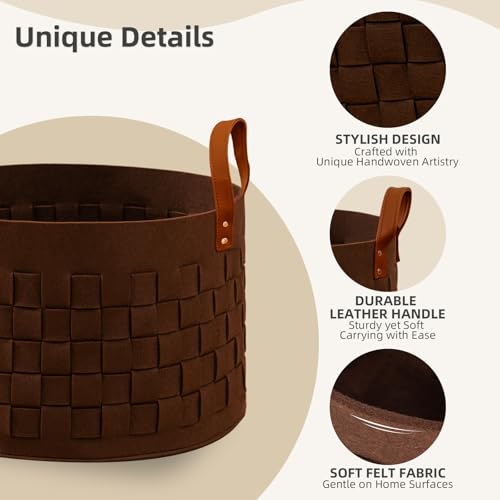 BOLDMONKEY Laundry Basket 20" x20 " x11.8 ", Large Felt Fabric Blanket Basket with Leather Handle, Dirt Clothes Laundry Hamper Round for Babies, Dogs and Living Room-Brown by boldmonkey - Used condition - Image 2