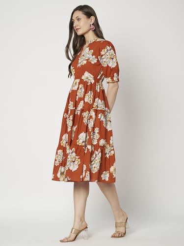 Image of PIDAVLIYA'S Women's Floral Summer Maxi Dress I Cotton Printed I One Piece Bodycon Midi Dress with V-Neck, Puffed Sleeves