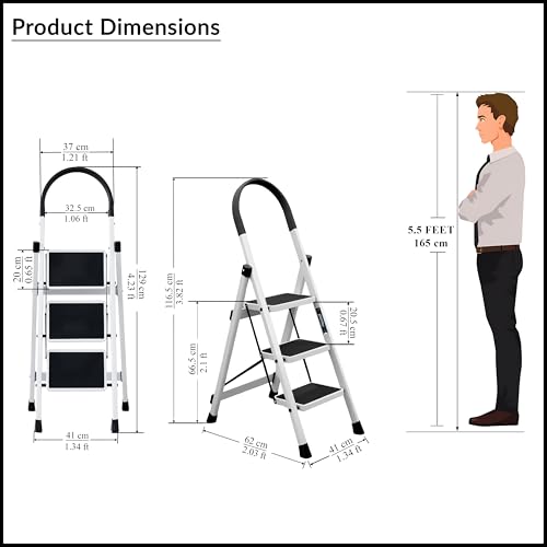 Image of Plantex Ladder for Home 3 Steps /Foldable Ladder with Anti-Skid Wide Steps (30L x 20W cm) /Strong D-Shape Pipe with X-Support for More Stability /5 Year Warranty(Apex-White)