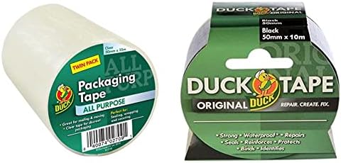 Duck Tape All Purpose Twin Pack Clear Packaging Tape 50mm x 25m & Original Black, 50mm x 10m. The original high strength waterproof gaffer and duct adhesive cloth repair tape
