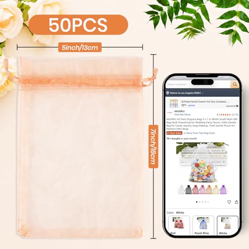 Image of ANZNKU 50 Pack Peach Organza Bags 5x7 In, Small Mesh Gift Bags Bulk with Drawstring for Jewelry Candy Sachet Soap, Goodie Pouches for Wedding Baby Bridal Shower & Birthday Party Favors