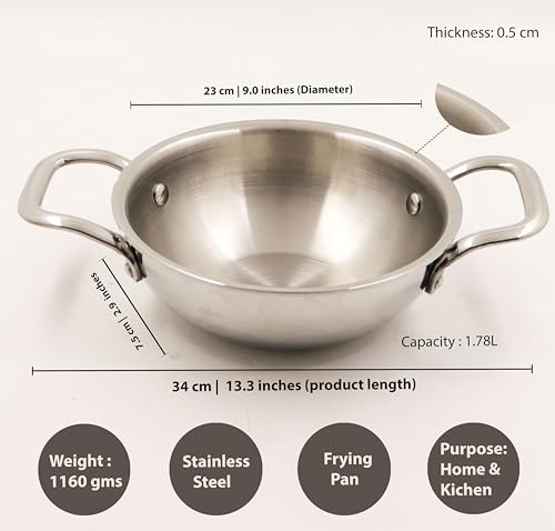 Image of Spillbox Stainless Steel Sandwich Triply Kadhai | Kadai | Wok| Nonstick 3-Layer Body | Steel Cookware | Induction safe | Dishwasher Safe | Food Grade |Heavy |FryPan |Curry |Stirfry |Deepfry (Dia-24cm)