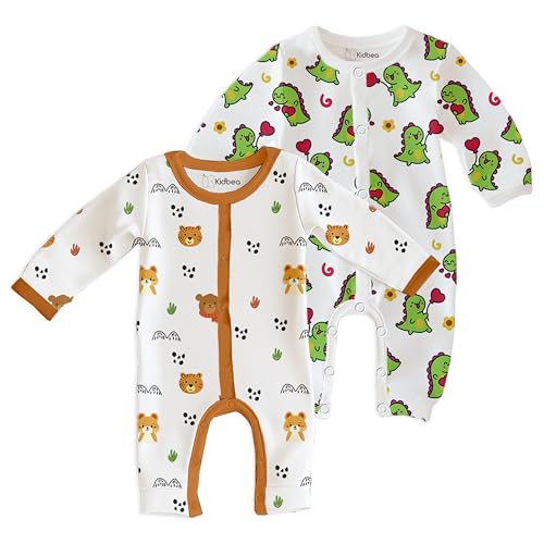 Image of Kidbea Organic Cotton Full Sleeves Romper | Animal & Dino Print Sleepwear (Orange & Olive, 12-18 Months)