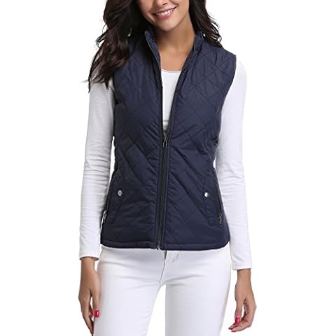 MISS MOLY Women's Quilted Jacket Zip Up Padded Quilted Zip Vest Navy Blue - M Cover