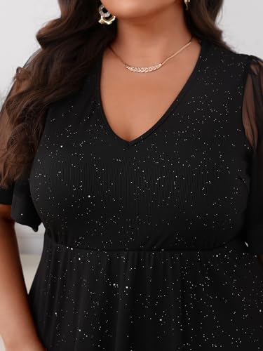 Floerns Women's Plus Size A Line Dress Mesh Short Sleeve V Neck Flared Glitter Ribbed Knit Party Cocktail Dresses3