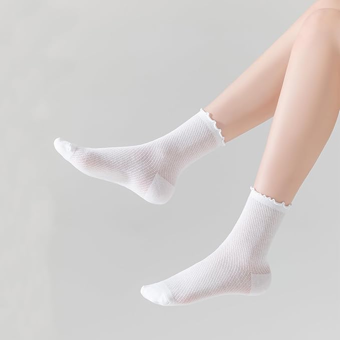 Lot de 6 paires de chaussettes à volants en maille et coton pour femme - Ultra fines - Blanc
