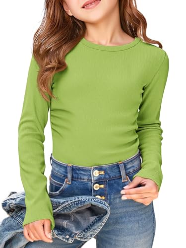 Image of Haloumoning Girls Long Sleeve Shirts Crewneck Ruched Side Slim Fit Tops Ribbed Knit Casual Tee Shirt 4-15 Years