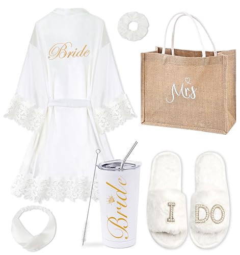 EPLAZA 6 Pcs Bride Robe for Wedding Day Set Bridal Robe with Slippers Tumbler Tote Lace Trim Wedding Robes for Bachelor Party