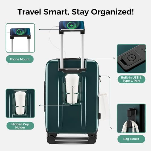 Image of Carry on Luggage Top opening Suitcases, Expandable with Cup&Phone Holder and USB Charging Port,Hardside with Front Pocket Rolling Suitcases with Spinner Wheels&YKK Zippers(Dark Green, 20 Inch)
