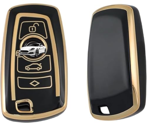 Image of TPU Car Key Cover Black & Golden Compatible for (BMW, 4 Button Push Smart Key)