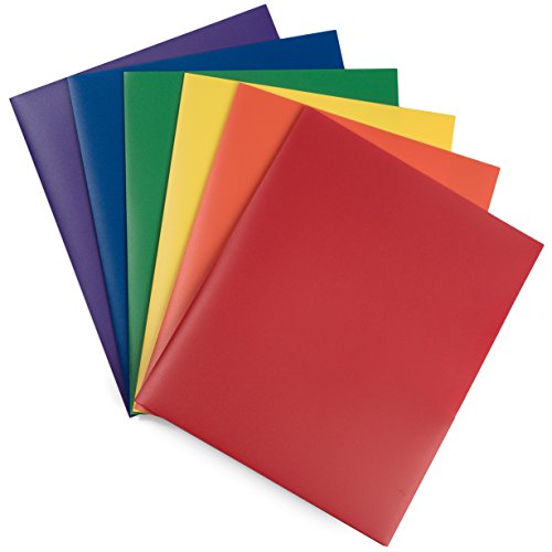 Heavy Duty Plastic 2 Pocket Folders - Set of 6 Assorted Colors (Primary Colors) - Sturdy and Water-Proof File Folder for Office and School, Keep Your Files Organized
