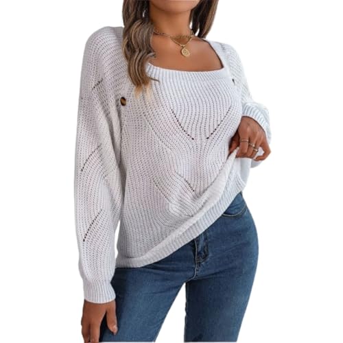 Jersey de punto con cuello cuadrado para mujer, patrón de cable grueso, beige, manga larga, blanco, L Jersey de punto con cuello cuadrado para mujer, patrón de cable grueso, beige, manga larga, blanco, L
