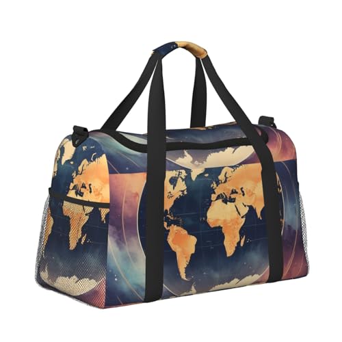World Map Print Travel Duffle Bag - Foldable Personal Item Travel Bag for Women & Men,Carry-On Convertible Crossbody Tote Bags with Adjustable Shoulder Strap & Pockets 13x10.2x19.7 in3