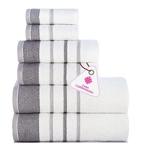Casa Copenhagen Toalla Bahía Blanca De Algodón Egipcio De 600 G M Para Hotel, Spa, Cocina Y Baño, Juego De 6 Piezas Con 2 Baño, 2 Manos, 2 Toallitas - Blanco Con Borde Gris Oscuro-Gris Claro Casa Copenhagen Toalla Bahía Blanca De Algodón Egipcio De 600 G M Para Hotel, Spa, Cocina Y Baño, Juego De 6 Piezas Con 2 Baño, 2 Manos, 2 Toallitas - Blanco Con Borde Gris Oscuro-Gris Claro
