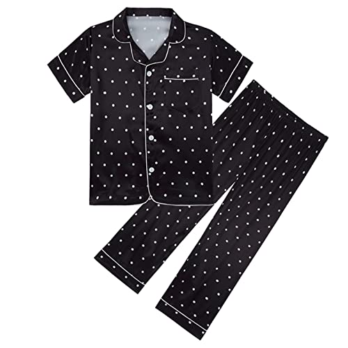 Boys Girls Satin 𝐏a𝐣amas Set Silk Button-Down 𝐒lee𝐩wear Short Sleeve Shirt & Long Pants Kids Pattern 𝐍𝐢ghtwear 𝐏𝐣s
