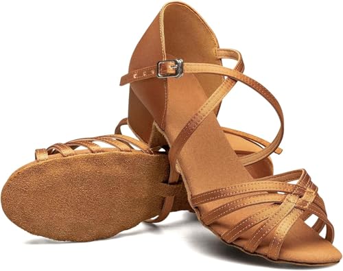 TUOTOM Girls Latin Dance Shoes Tan Low Heel Kids Ballroom Practice Salsa Tango Cha Cha Dance Shoes2