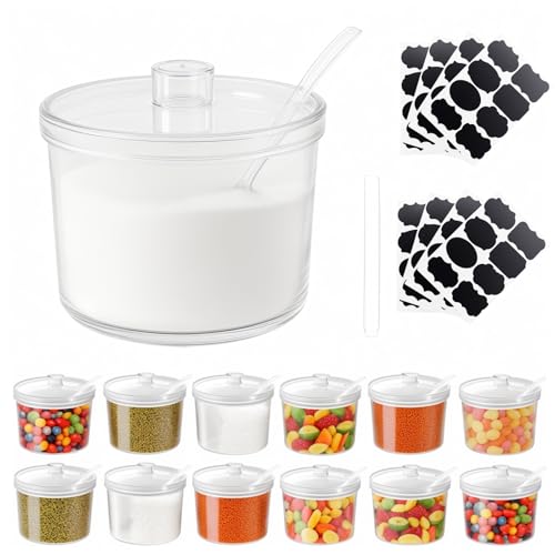 ZILAMGOO 12-Piece Acrylic Sugar Containers with Lids & Spoons - 7.1 oz Clear Sugar Bowl Dispenser for Coffee Bar, Ice Cream Sundae Toppings, Condiment Organizer Set