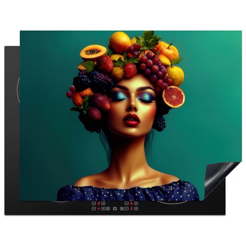 KitchenYeah© Induction Hob Protector Mat 23.2x30.3 / 77x59 cm Cooker Top Protectors Cover Ceramic Covers Electric Hobs Vinyl Woman - Headdress - Tropical - Fruit - Grapes