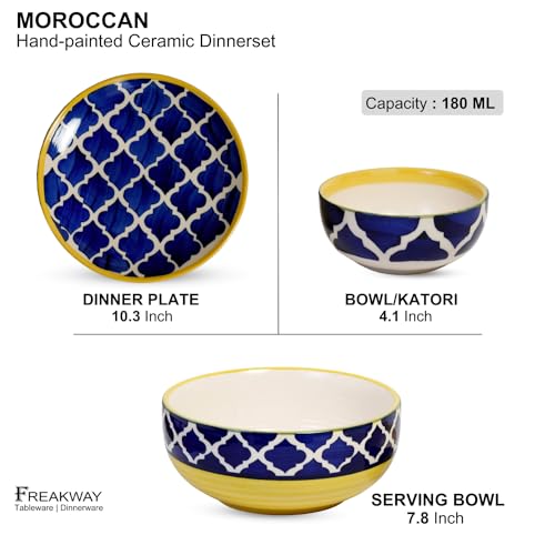 Image of Freakway Premium Moroccan Hand Glazed Ceramic Dinner Set of 19 Pieces for Dinner with Bowls | 6 Dinner Plates and 12 Serving Bowl /katori & 1 Large Bowl| Microwave & Dishwasher Safe - Blue