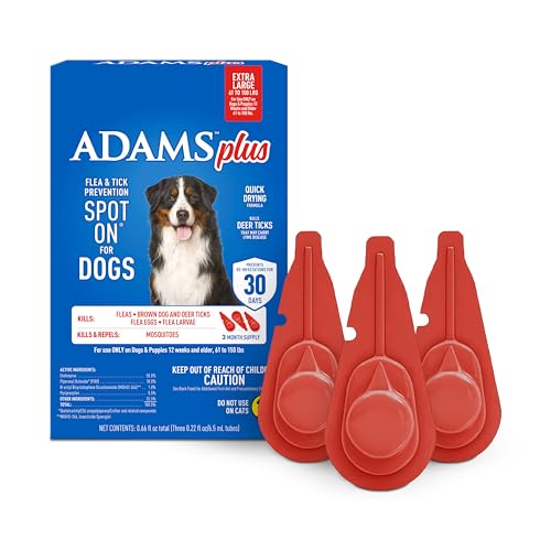 ADAMS Plus Flea & Tick Prevention Spot On for Dogs, Extra Large Dogs, Kills Fleas & Ticks (Brown Dog/Deer Ticks), Kills and Repels Mosquitoes, Prevents Flea Infestations, 3-Month Supply, 3 Pack