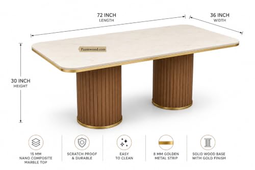 Image of 6 Seater Dining Table and Chair with Nano Composite Marble Top and Golden Strip Set | 72 x 36 x 30 Inch Solid Wood Base with Swed Fabric Finish Dining Furniture for Living Room Home (Black)