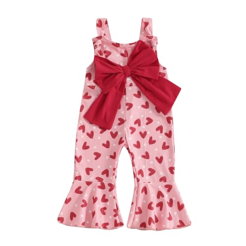 Socutebabe Toddler Kids Baby Girl Valentines Bell-Bottom Jumpsuit Romper Overalls Heart Print Flare Pants Outfits (Red, 6-12 Months)