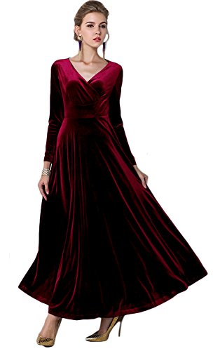Urban CoCo Women Long Sleeve V-Neck Velvet Stretchy Long Dress (Medium, Wine Red)