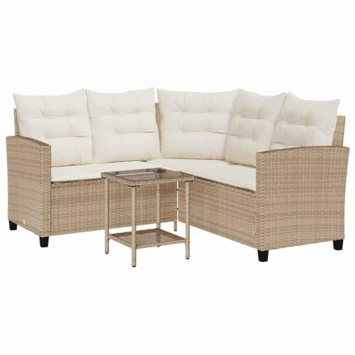 vidaXL Gartensofa in L-Form mit Tisch und Kissen Beige Poly Rattan,...