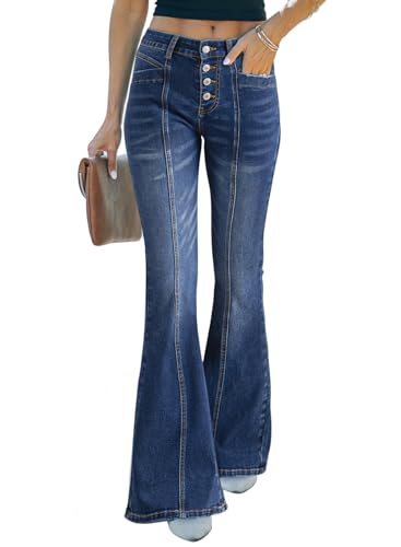 Sidefeel Wide Leg Jeans for Women Trendy 2025 High Waisted Strechy Button Fly Bell Bottom Flared Denim Pants Bluing Size 4