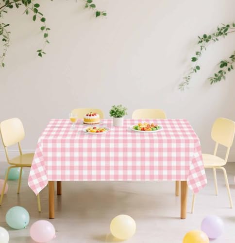 Image of SietDESEO 6 Pack Light Pink Gingham Tablecloth Rectangle 54 x 108 Pink and White Checkered Table Cloth Disposable Plaid Table Cover Plastic for Birthday Baby Shower Picnic Wedding Party Supplies