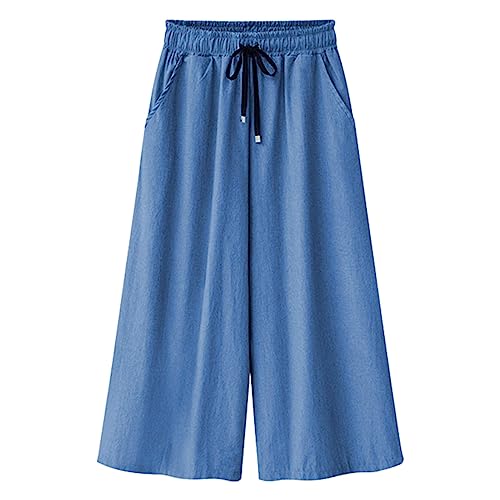 FZYLQY Women Elastic Waist Wide Leg Capris Pants 2024 Summer Cropped Denim Pants Loose Fit Jeans Palazzo Culottes with Pocket