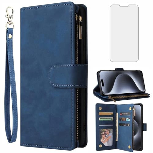 Étui pour iPhone 15 Pro protection 360 avec verre trempé et porte-carte étui rabat antichoc
