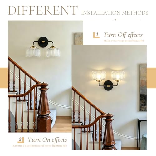 Image of Mid Century Modern Wall Sconce Clear Glass 6.7 inch Shade Striped Glass Bathroom Vanity Lights Vintage Style Brushed Finish Black Gold Wall Mount Light for Living Room, Bedroom, Hallway