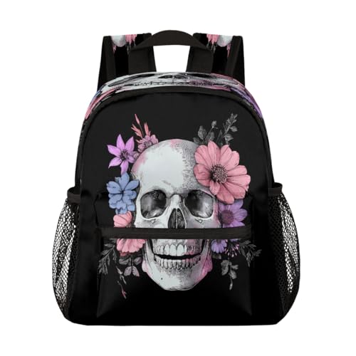 Retro Skull Flowers Kids Backpack for Boys Girls, Waterproof Lightweight Toddler School Bag with Chest Strap, Small Travel Book Bag Preschool Kindergarten Backpack