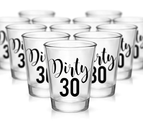 Image of Your Dream Party Shop Dirty 30 Shot Glasses, Reusable 30th Birthday Favors, Set of 12, 1.75 oz - Perfect for Dirty 30 Birthday Decorations, 30th Birthday Party Favors, Available in Glass and Plastic