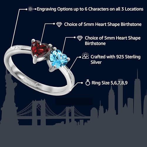 Gem Stone King 925 Sterling Silver Customized and Personalized Name Engraved Promise Love Gemstone Birthstone Double Heart Shape Fashion Mothers Name Ring For Women2