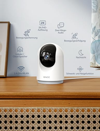 GNCC Überwachungskamera Innen - 2K Kamera Überwachung Innen, 360° WLANkamera Indoor Hundekamera mit APP, Babyphone mit Kamera, Zwei-Wege-Audio, Bewegungserkennung, Nachtsicht, kompatibel mit Alexa