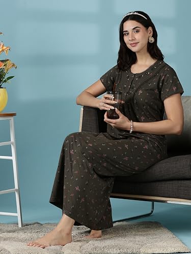 Image of 9shines Label Stylish Cotton Blend Embroidered Maxi Nightdress for Women with Pocket| Full Length Nightwear| Premium Nightdress| Comfortable Nightwear(5256)