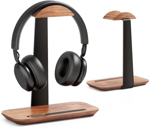 SHUOSUO Support Casque Noyer, Porte de Headset en Bois naturel avec base de rangement, compatible avec AirPods Max, Beats, Bose, Sony, Sennheiser, Gaming, etc