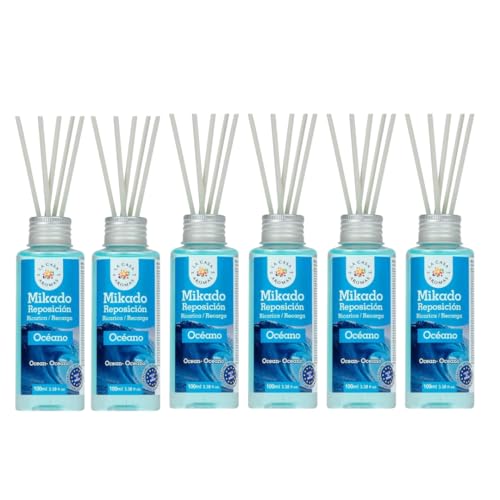 Ambientador Mikado Océano Reposicion, 6 x 100 Ml con Varillas, Ambiendador La Casa de los Aromas Océano 100 ml x 6, Ambientador de Hogar