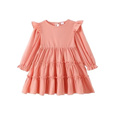SUNNY PIGGY Toddler Girl Dress Ruffle Long Sleeve Casual Tiered Swing Dresses Pink 7-8 Years Cover