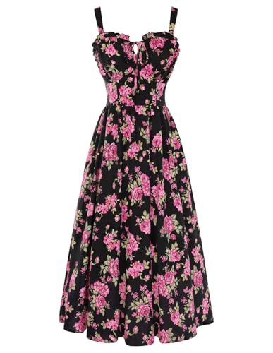 SCARLET DARKNESS Vestido de verano para mujer, casual, acampanado, sin mangas, tirantes delgados, vestido floral para la playa, negro (Floral), S