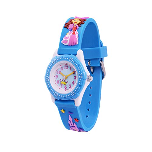 WOLFTEETH Analog Grade School Niño Niños Reloj con Segunda Mano 3D Princess Strap Blanco Dial Agua Resistente Chica Reloj Azul 306002