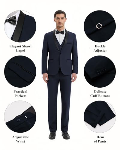 WEEN CHARM Men's Slim Fit 3 Piece Tuxedo Suit One Button Shawl Lapel Blazer Jacket Vest Pants Set4