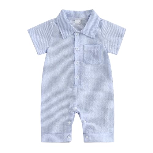 Image of BemeyourBBs Newborn Baby Boy Summer Clothes Stripe Short Sleeve Dress Shirt Romper Button Jumpsuit Gentleman One Piece Outfit